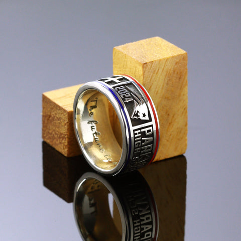 High school class ring band 10 mm , Custom silver college ring , Graduation gift for son